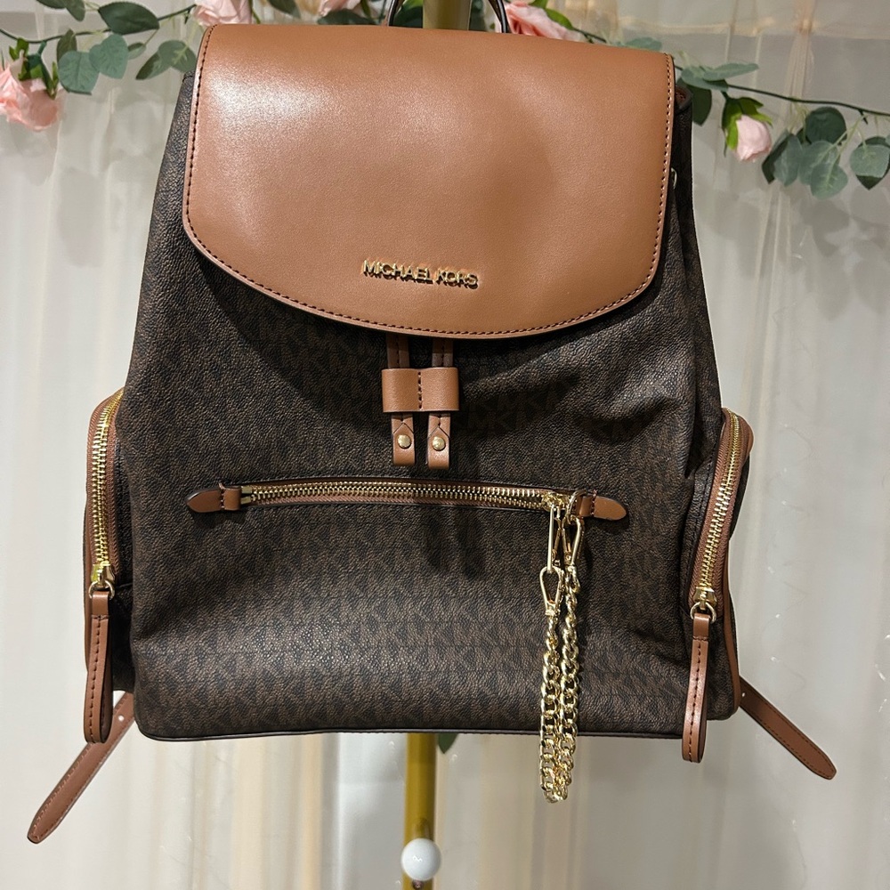 Michael Kors Brown and Tan Backpack with Gold Accents